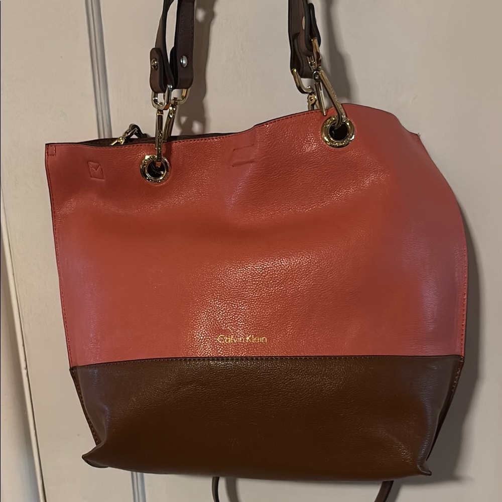 Calvin Klein Orange and Brown Shoulder Bag with Modern Color Block Design